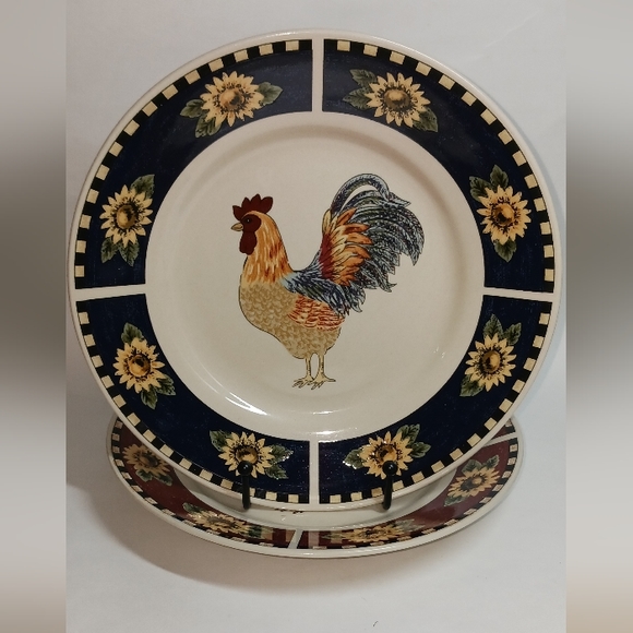 2 Gibson Brewster Rooster Dinner Plates Red Band & Sun Flowers 9.25" - Picture 2 of 4